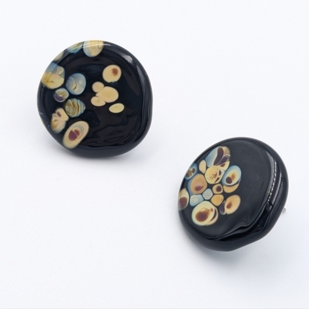 Glass Millefiori style black and multicolour round stud earrings